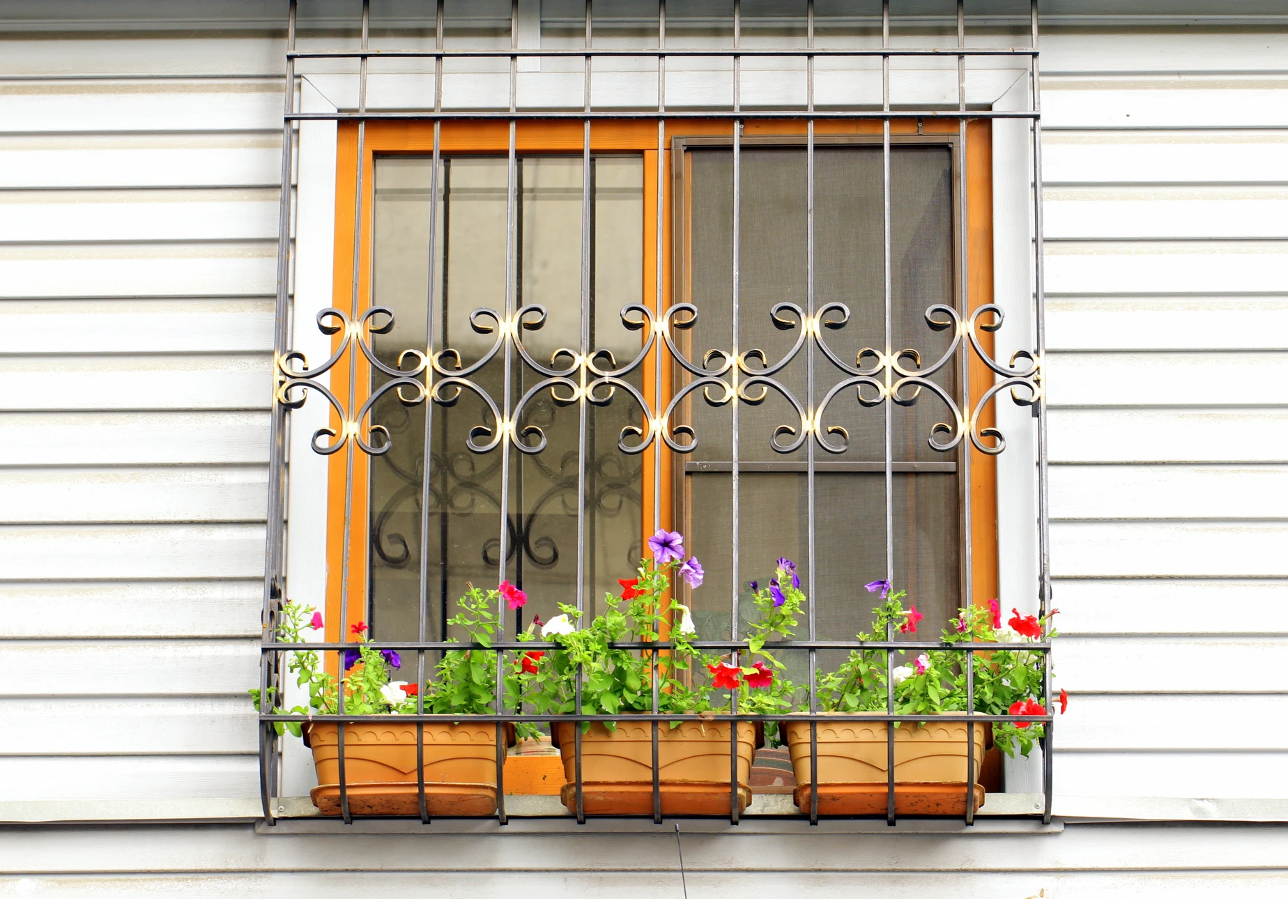 Façade extérieure de maison avec fenêtre ornée de barreaux décoratifs en fer forgé à motifs floraux