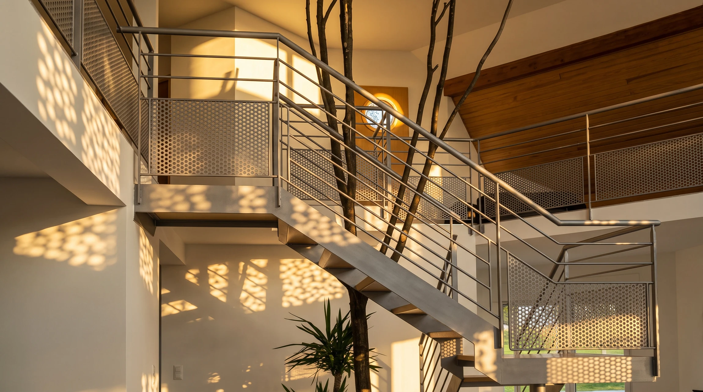 Escalier extérieur métallique moderne avec rampe horizontale menant à un balcon résidentiel