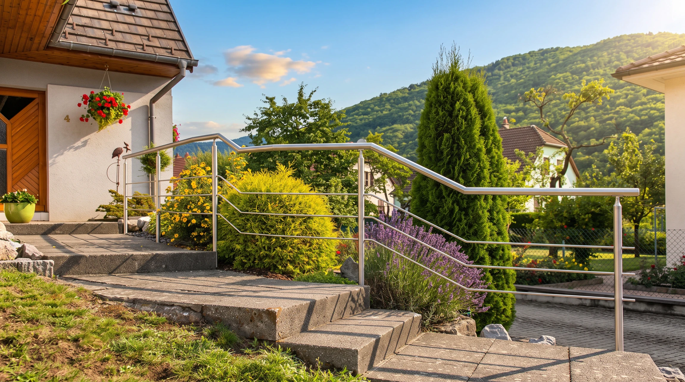 Escalier extérieur métallique moderne avec rampe horizontale menant à un balcon résidentiel